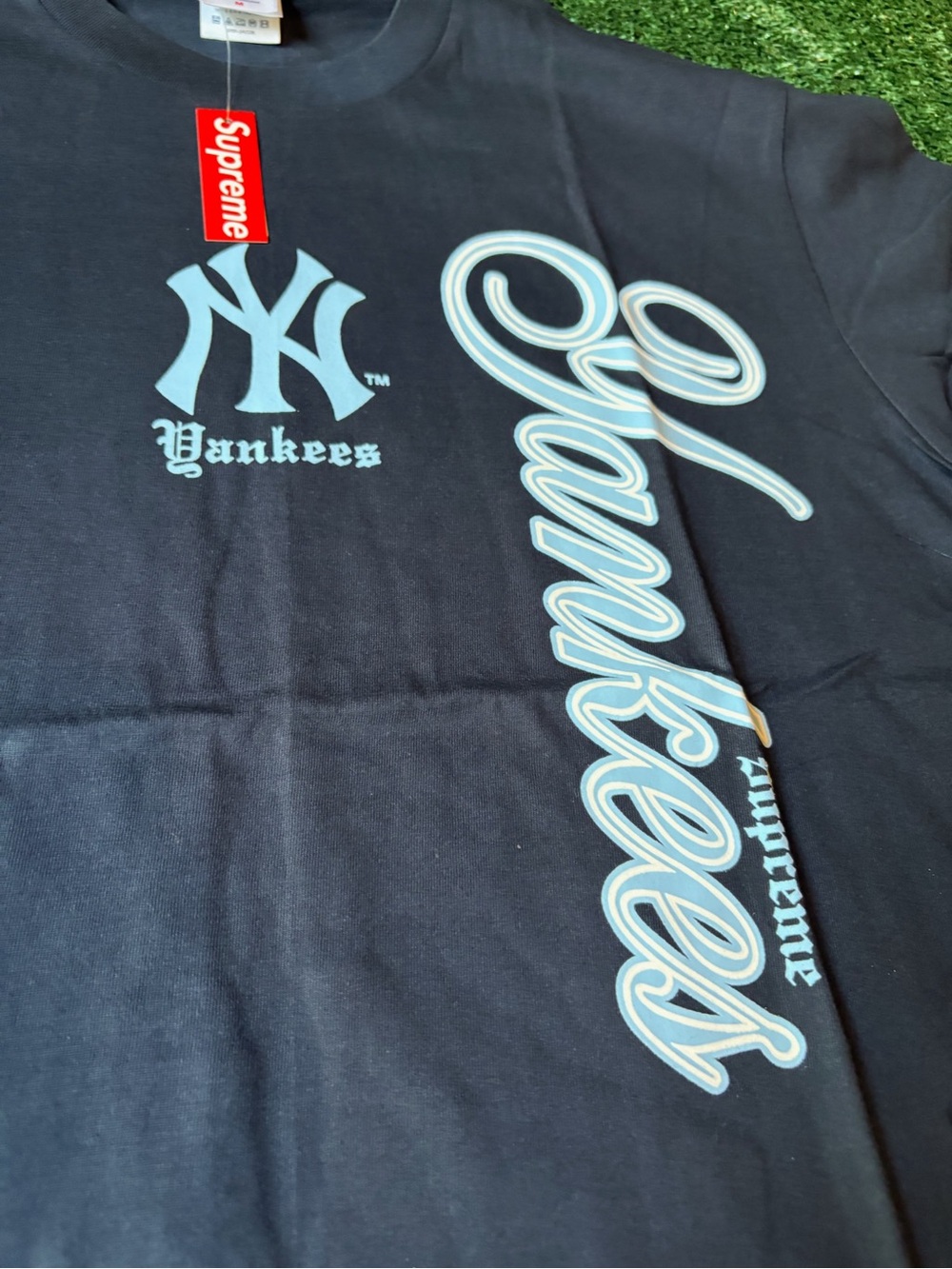Supreme Black Tee with Light Blue Yankees Script - Picture 2 of 8